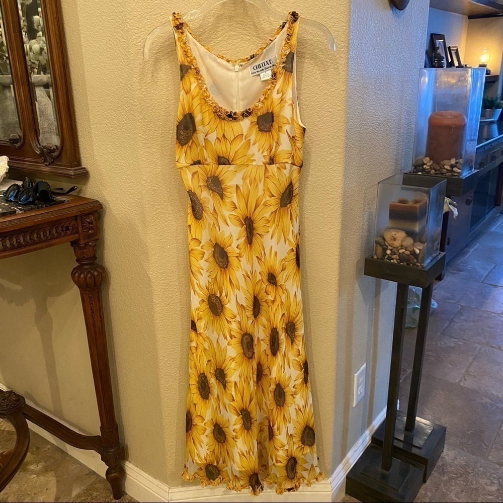 Vintage CHETTA B Women Yellow 100% Silk Sunflower Print Maxi Dress Size 6